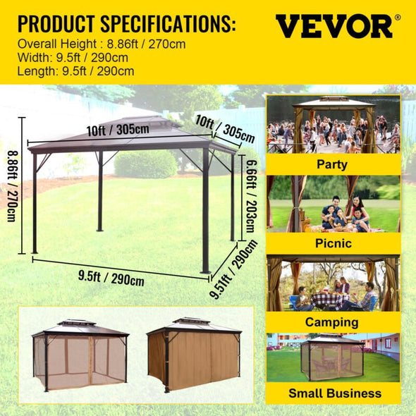 10x10' Hardtop Patio Gazebo – Aluminum Frame w/ Curtains & Mesh - Aroflit