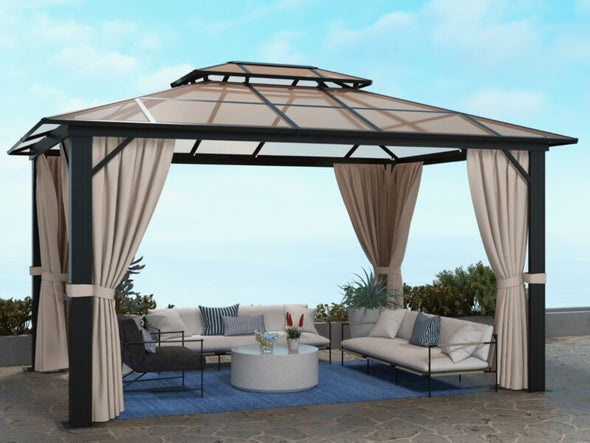 10'x13' PVC Roof Gazebo - Aluminum Frame, Double Roof & Privacy Curtains - Aroflit