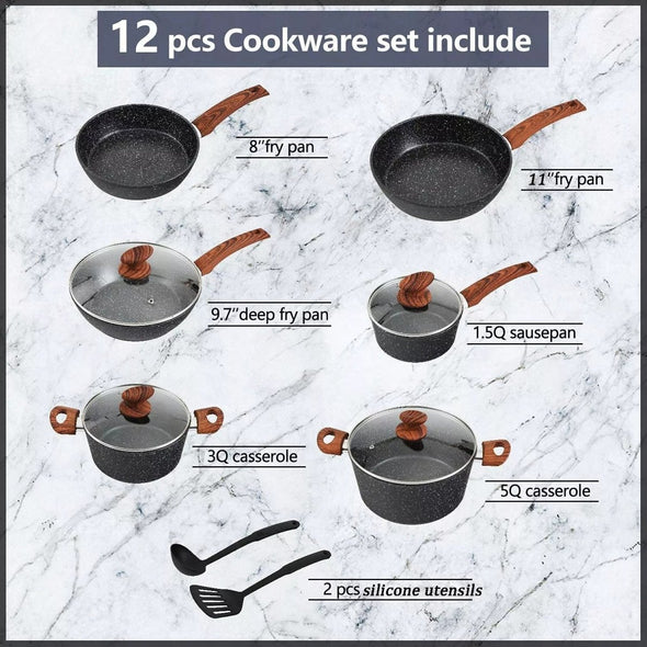 12 - Piece Granite Non - Stick Pots and Pans Set, Versatile Cookware - Aroflit