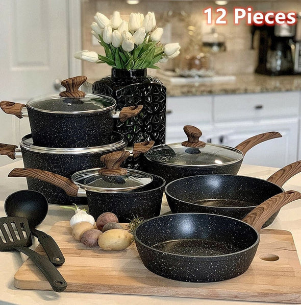 12 - Piece Granite Non - Stick Pots and Pans Set, Versatile Cookware - Aroflit