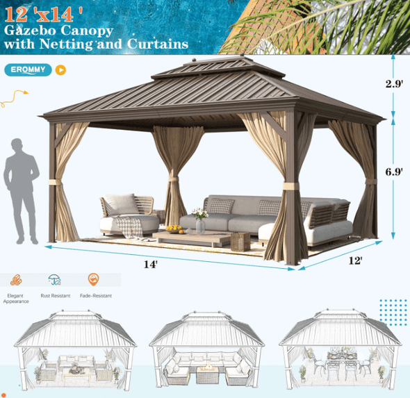 12' x 14' Hardtop Gazebo – Rustproof Aluminum Frame, Double Roof - Aroflit