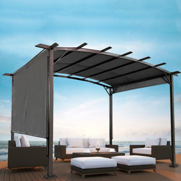 12x9 Ft Retractable Steel Pergola with Canopy for Patio or Outdoor Shade - Aroflit