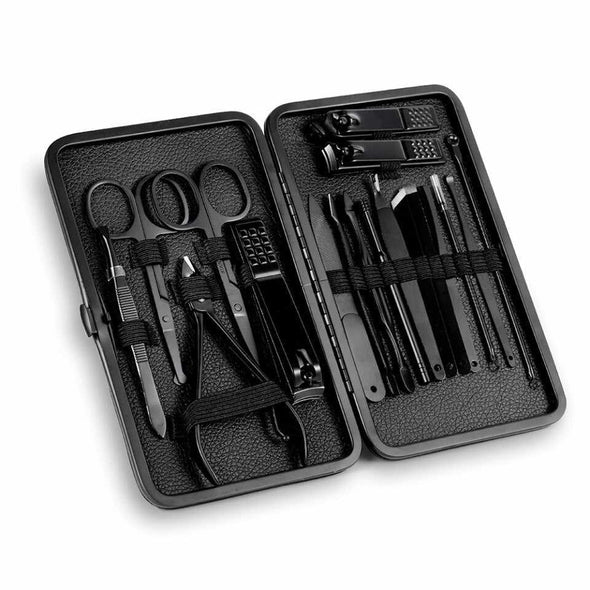 18 pcs Men’s Pedicure Manicure Set Leather Black Gift