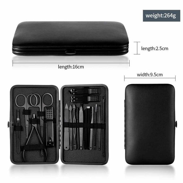 18 pcs Men’s Pedicure Manicure Set Leather Black Gift - Aroflit