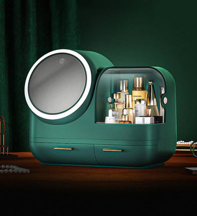 Makeup Cosmetic Organizer with LED Mirror, Built-In Fan