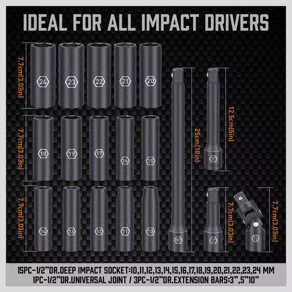 19 - Piece 1/2 - Inch Drive Impact Socket Set, Durable & Precision Tools - Aroflit