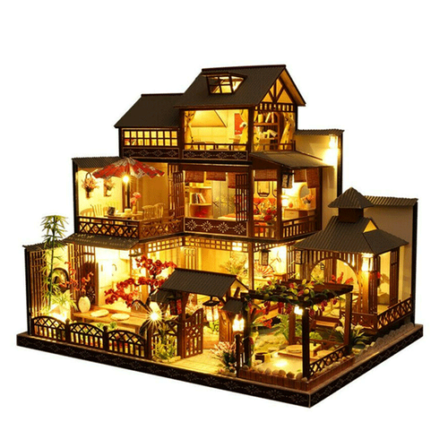 Large Realistic Wooden Doll House with LED Lights, DIY Courtyard Design