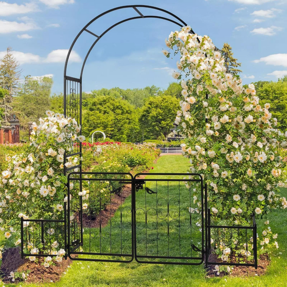 Elegant Metal Garden Arch Trellis with Gate, Perfect for Outdoor