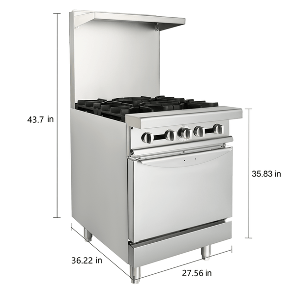 24" Natural Gas 4 Burner Commercial Restaurant Range with Standard Oven - Aroflit