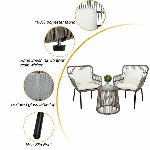 3 Pieces Outdoor Patio Rattan Table & Chairs Set - Aroflit