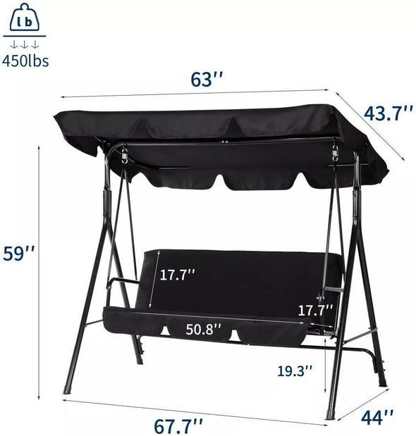 3 - Seat Patio Swing Canopy, Adjustable Canopy, Removable Cushions - Aroflit