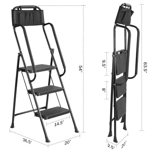 3 Step Stool Ladder with Handrails, 330 Lbs Capacity & Tool Bag - Aroflit