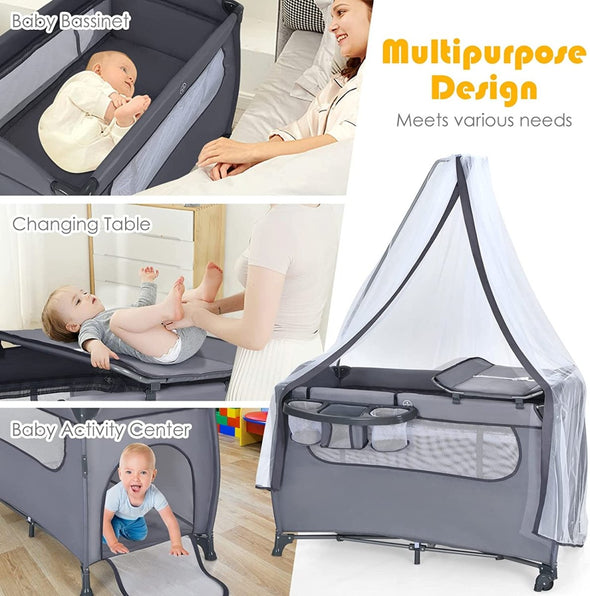4 - in - 1 Foldable Baby Travel Crib with Infant Changing Table - Aroflit
