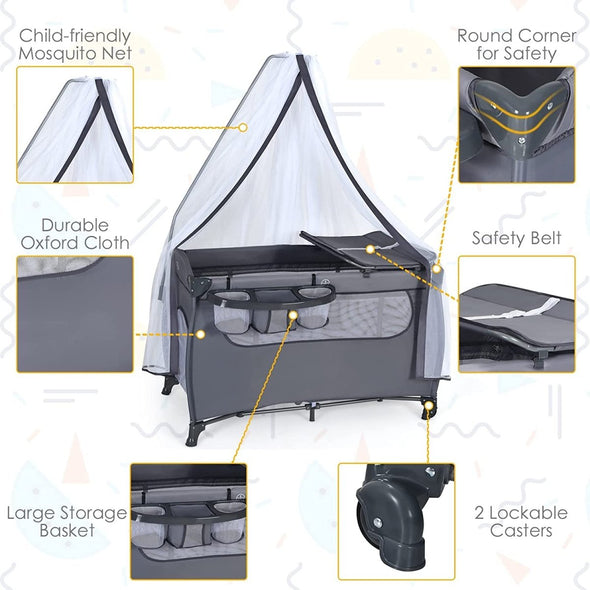 4 - in - 1 Foldable Baby Travel Crib with Infant Changing Table - Aroflit