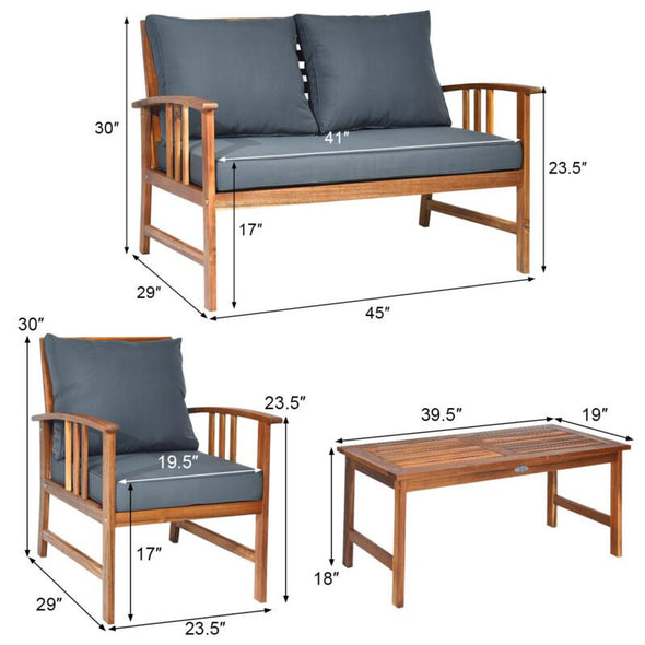 4 - Piece Wooden Patio Furniture Set – Loveseat, Chairs, Table, Cushions - Aroflit