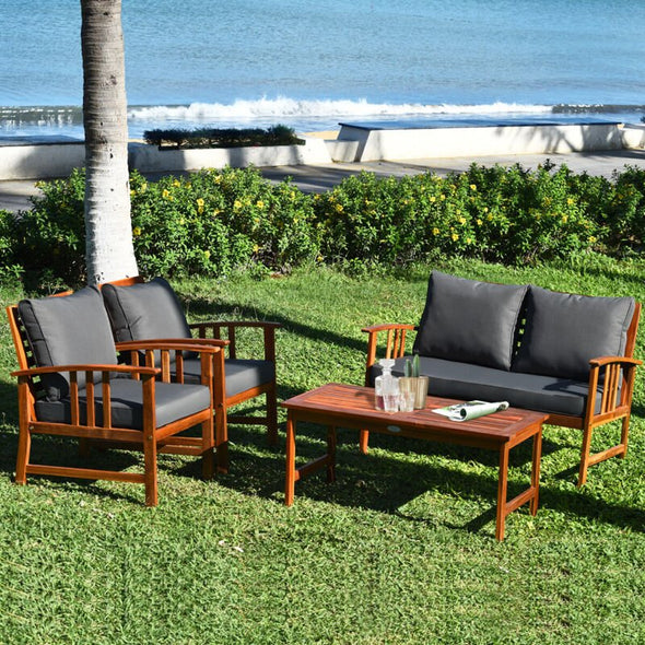 4 - Piece Wooden Patio Furniture Set – Loveseat, Chairs, Table, Cushions - Aroflit