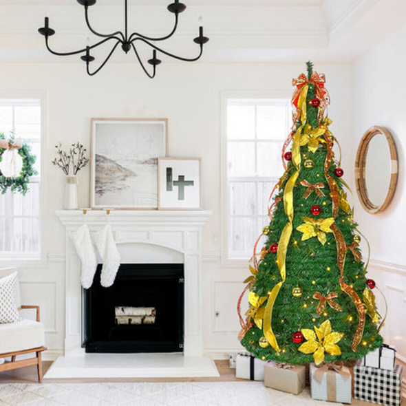 Decorated Collapsible Pop-Up Lighted Christmas Tree 6FT, Pre-Decorated