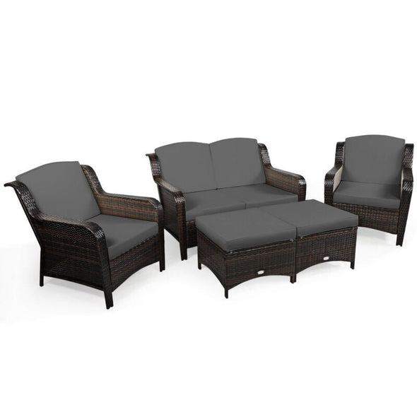 5 - Piece Rattan Patio Furniture Set with Cushions – Outdoor Sofa & Ottoman - Aroflit