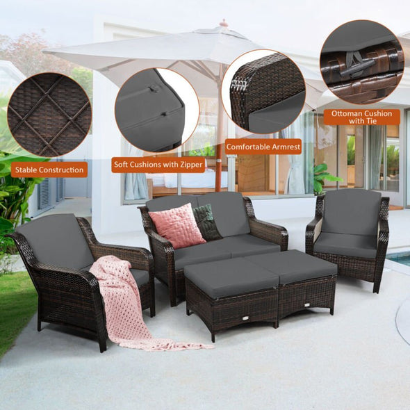 5 - Piece Rattan Patio Furniture Set with Cushions – Outdoor Sofa & Ottoman - Aroflit