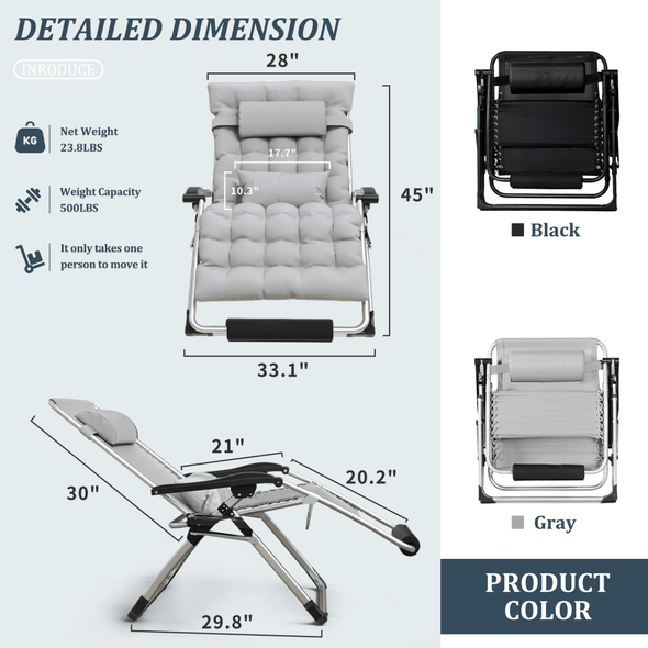 500LB Oversized Zero Gravity Chair with Adjustable Recline and Cushions - Aroflit