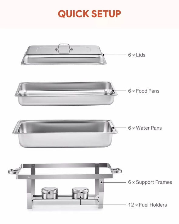 6 - Set Stainless Steel Buffet Food Warmer – 9L Chafing Dishes with Lids - Aroflit