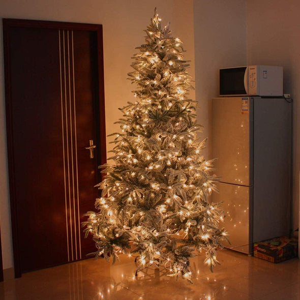 7Ft Snow Flocked Pre-lit Xmas Tree with 300 LED Lights & Sturdy Metal Stand