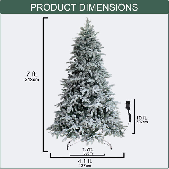 7Ft Snow Flocked Pre-lit Xmas Tree with 300 LED Lights & Sturdy Metal Stand