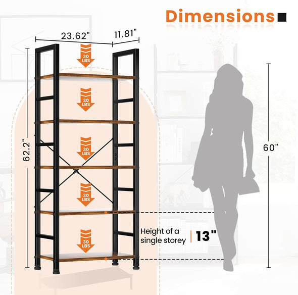 5 Tier Bookcase, Sturdy, Stylish Storage Solution for Books, Plants