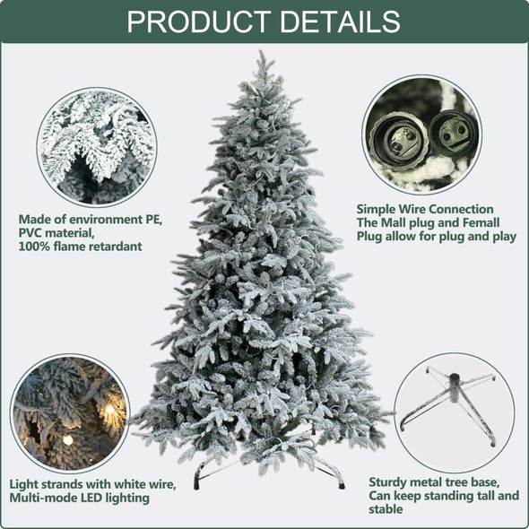 7Ft Snow Flocked Pre - lit Xmas Tree with 300 LED Lights & Sturdy Metal Stand - Aroflit