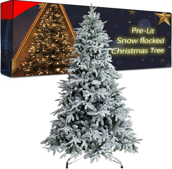 7Ft Snow Flocked Pre - lit Xmas Tree with 300 LED Lights & Sturdy Metal Stand - Aroflit
