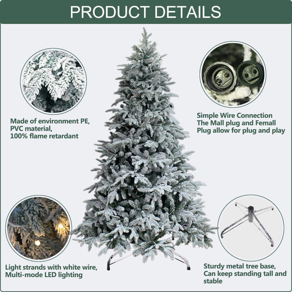 7Ft Snow Flocked Pre-lit Xmas Tree with 300 LED Lights & Sturdy Metal Stand