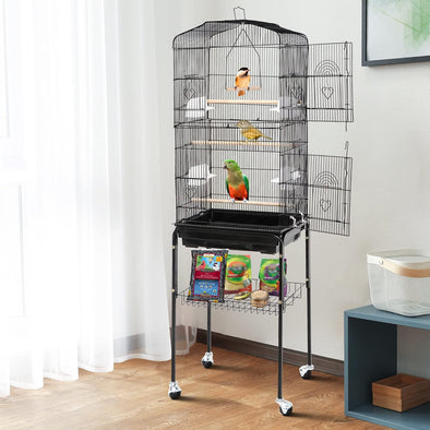 Rolling Bird Parrot Stand Cage with Perches, Feeder, and Storage Shelf