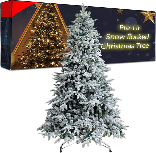 7Ft Snow Flocked Pre-lit Xmas Tree with 300 LED Lights & Sturdy Metal Stand