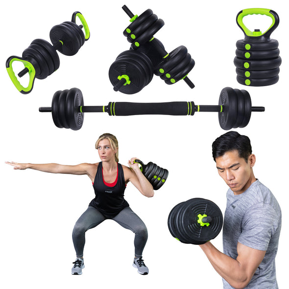 Adjustable Weight Dumbbell Set, 4-in-1 Barbell, Kettlebell & More