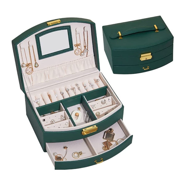 Clasie™ 2-layers Green Leather Jewelry Organiser Box