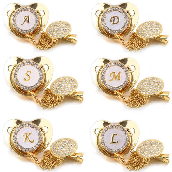Customized Letter Gold Baby Bling Pacifier & Clips
