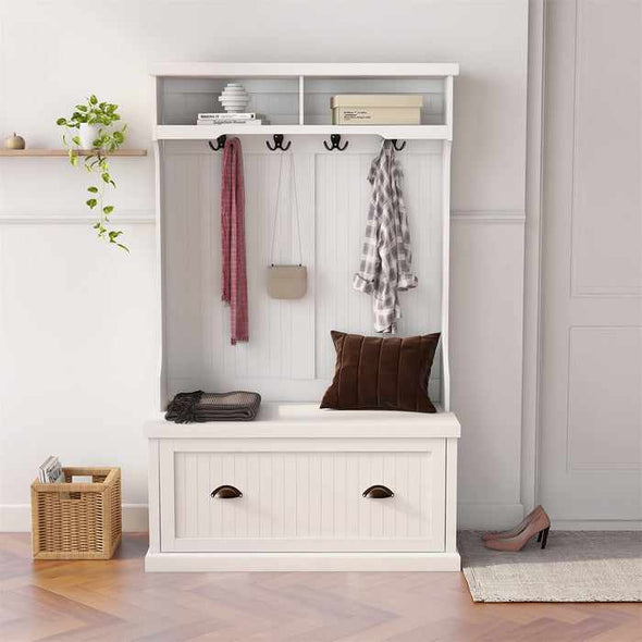 Entryway Coat Rack Hall Tree With Bench & Storage-Aroflit