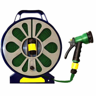 Flat Garden Hose pipe reel with spray nozzle gun