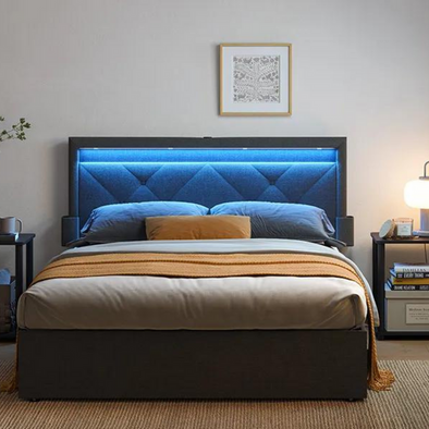 LED Queen Upholstered Bed Frame With Headboard-Aroflit