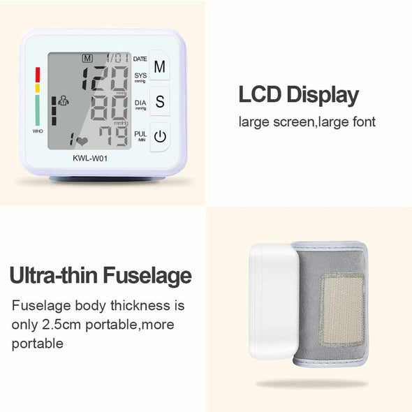 Portable Blood Pressure Monitor for Wrist – Digital LCD Automatic in White