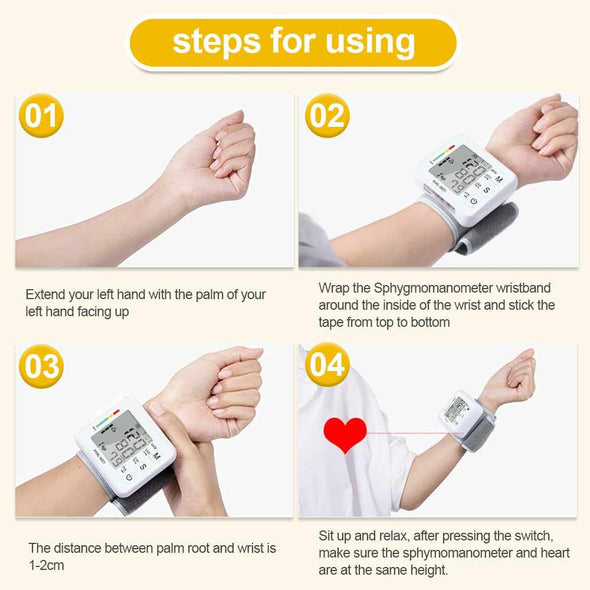 Portable Blood Pressure Monitor for Wrist – Digital LCD Automatic in White