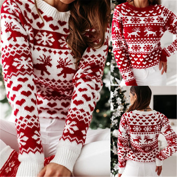 SUZI™ White Woman’s Christmas Elk Snowflake Print Sweater