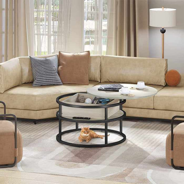 Wooden Round Coffee Table With Storage & Lift Top-Aroflit