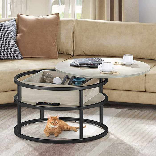 Wooden Round Coffee Table With Storage & Lift Top-Aroflit