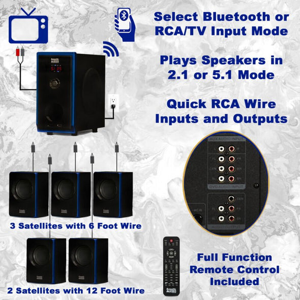 Acoustic Audio 5.1 Bluetooth Speaker System, 6 Speaker Home Theater - Aroflit