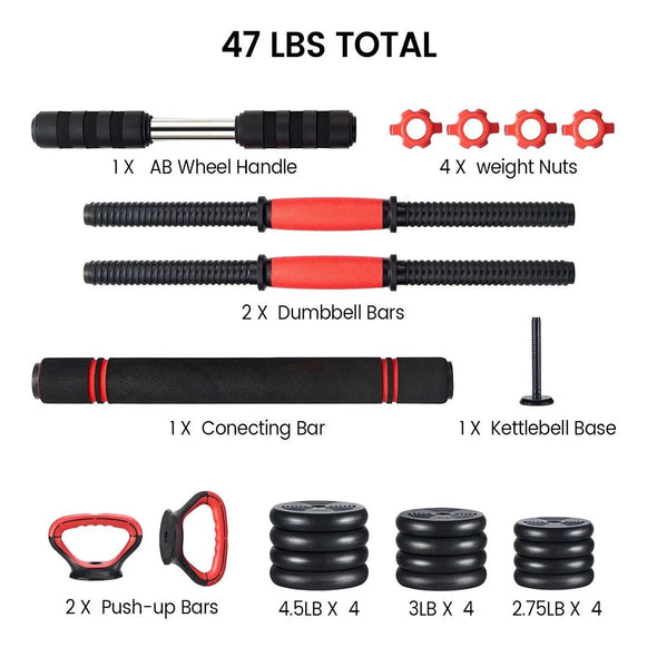 All - in - One Adjustable Dumbbell Set with Barbell & Kettlebell, 40 lbs - Aroflit