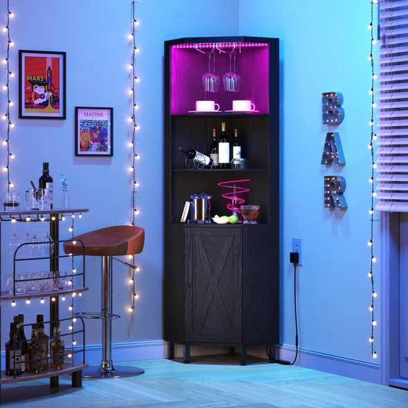 Bar Corner Cabinet with LED Lights, Wine Racks, Adjustable Storage - Aroflit