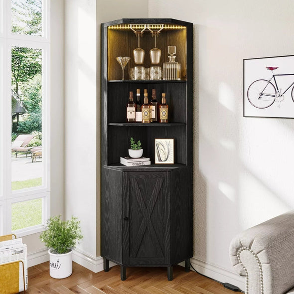 Bar Corner Cabinet with LED Lights, Wine Racks, Adjustable Storage - Aroflit