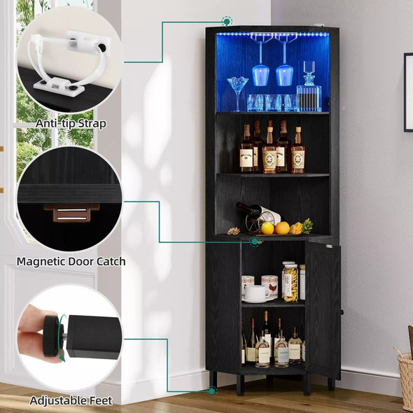 Bar Corner Cabinet with LED Lights, Wine Racks, Adjustable Storage - Aroflit