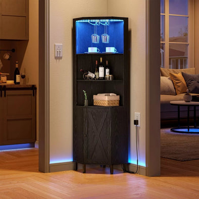 Bar Corner Cabinet with LED Lights, Wine Racks, Adjustable Storage - Aroflit